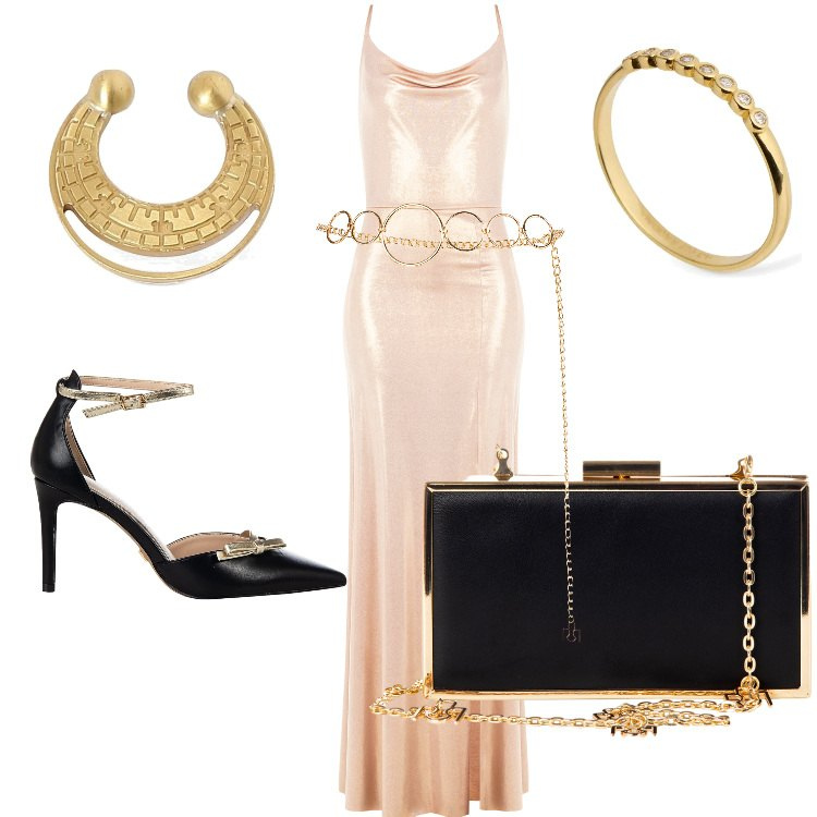 Outfit donna - La tua serata top. Stile Chic Abbinamento con cinture, décolleté, pochette, vestiti lunghi, orecchini, anelli.