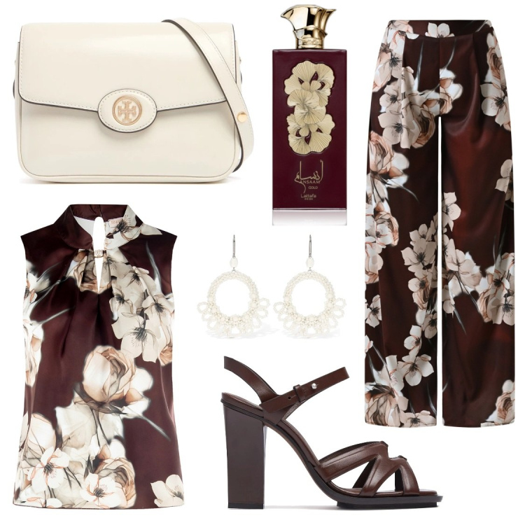 Outfit donna - Orchidea bianca. Stile Casual chic per Ufficio. Abbinamento con profumi, pantaloni a palazzo, top, borse a spalla, orecchini, sandali in pelle.