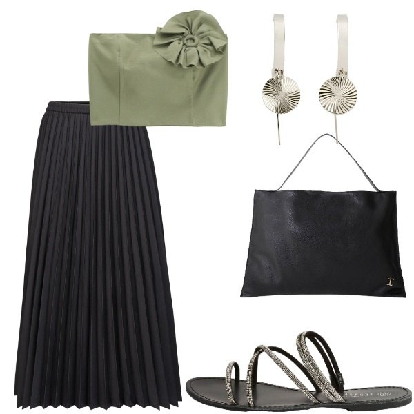 Outfit donna - A cena fuori. Stile Casual chic per Serata fuori. Abbinamento con orecchini, sandali, borse a spalla, top, gonne longuette.