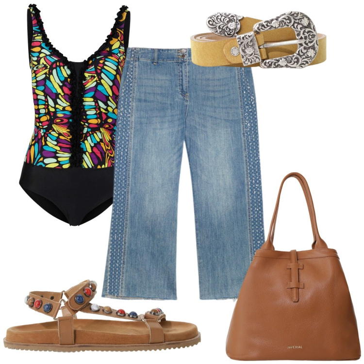 Outfit donna - Total look #2211503. Stile Etnico per Mare. Abbinamento con costumi interi, borse tote, sandali, cinture, jeans strappati.