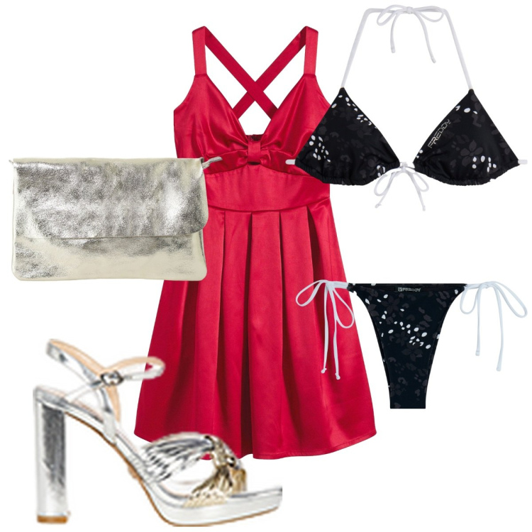 Outfit donna - Total look #2211505. Stile Glamour per Mare. Abbinamento con vestiti corti, sandali in pelle, bikini, bikini, borse a tracolla.