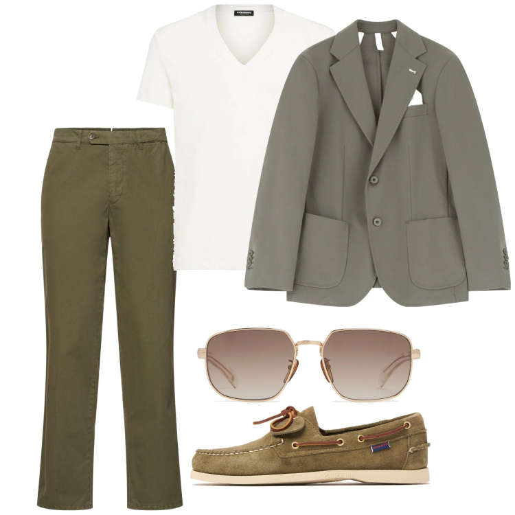 Outfit uomo - Aperitivo in giacca. Stile Casual per Tutti i giorni. Abbinamento con giacche, scarpe stringate, pantaloni, t-shirt, occhiali da sole.