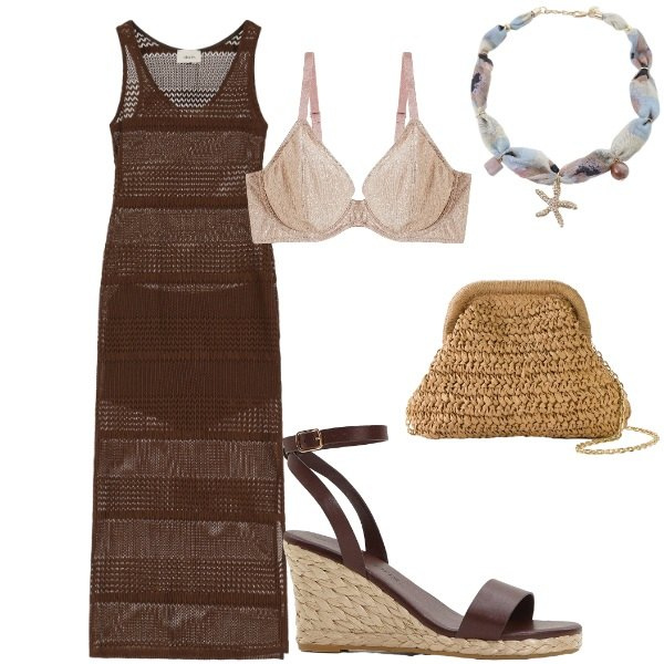 Outfit donna - Le serate di Luglio. Stile Casual per Serata fuori. Abbinamento con sandali, borse a tracolla, reggiseni, vestiti lunghi, collane.