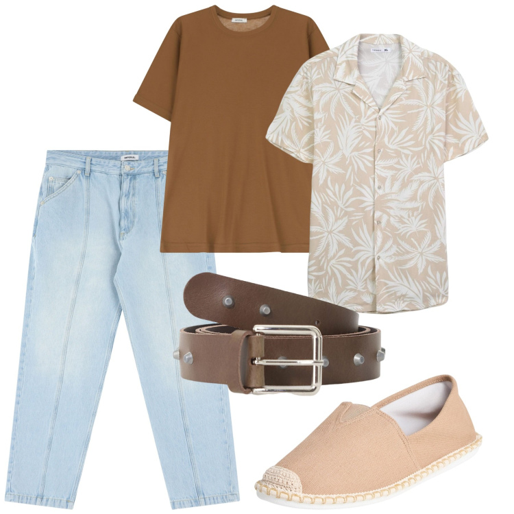 Outfit uomo - Luglio. Stile Casual per Tutti i giorni. Abbinamento con espadrillas, camicie a manica corta, t-shirt, jeans, cinture.