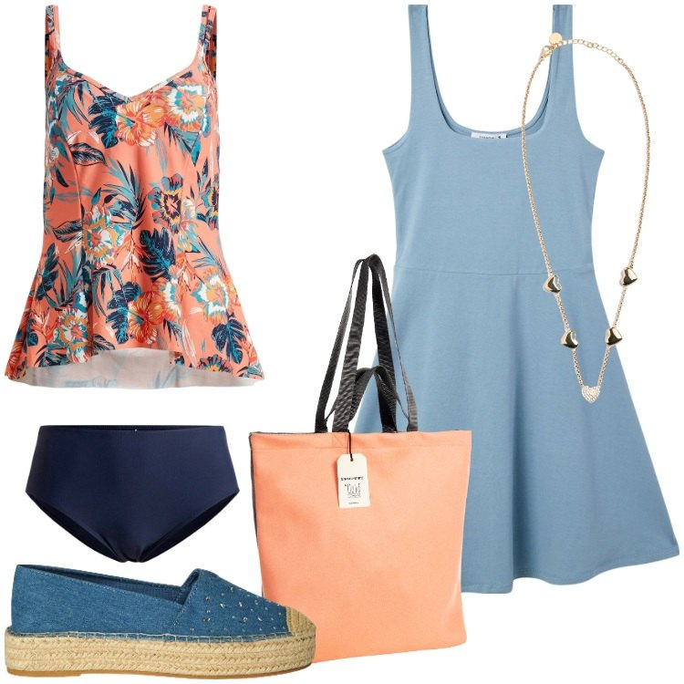 Outfit donna - Summer Holiday. Stile Basic per Mare. Abbinamento con costumi interi, vestiti corti, espadrillas, borse tote, collane.