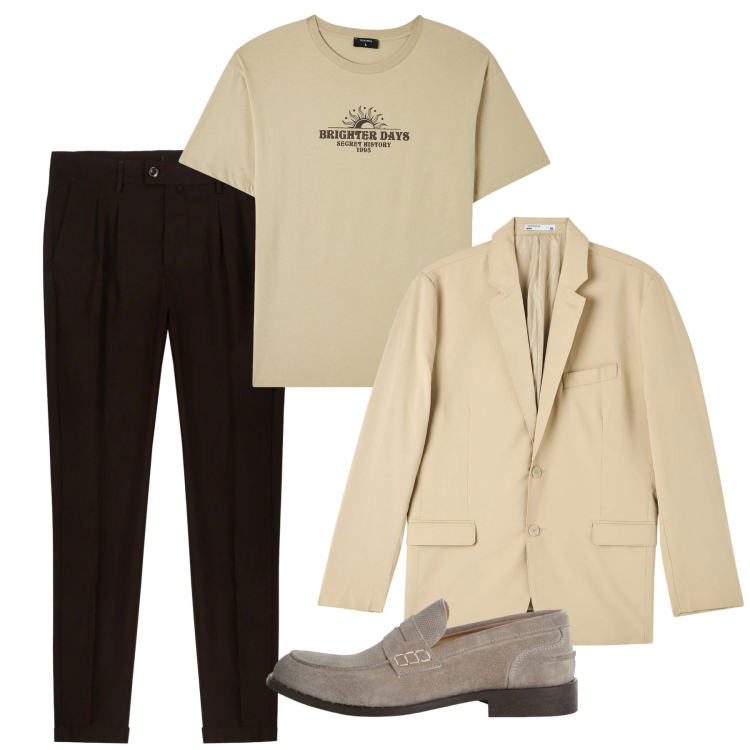Outfit uomo - Luglio. Stile Casual per Tutti i giorni. Abbinamento con t-shirt, giacche, scarpe stringate, pantaloni.