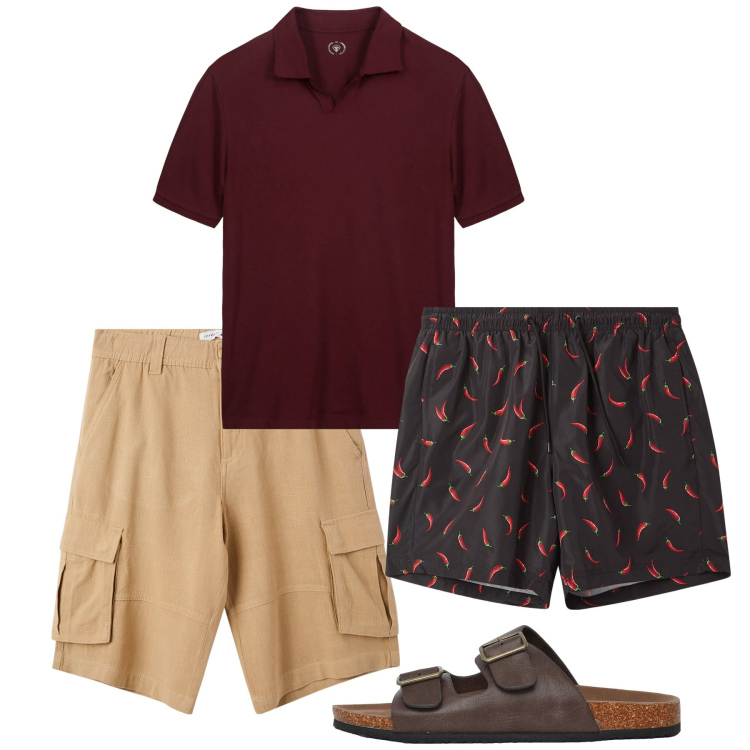 Outfit uomo - Luglio. Stile Casual per Tutti i giorni. Abbinamento con pantaloni corti, costumi, sandali, polo.