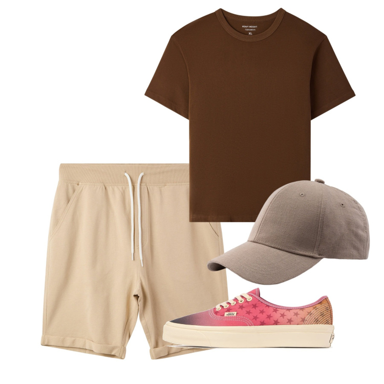 Outfit uomo - Luglio. Stile Casual per Tutti i giorni. Abbinamento con t-shirt, pantaloni corti, sneakers, cappelli con visiera.