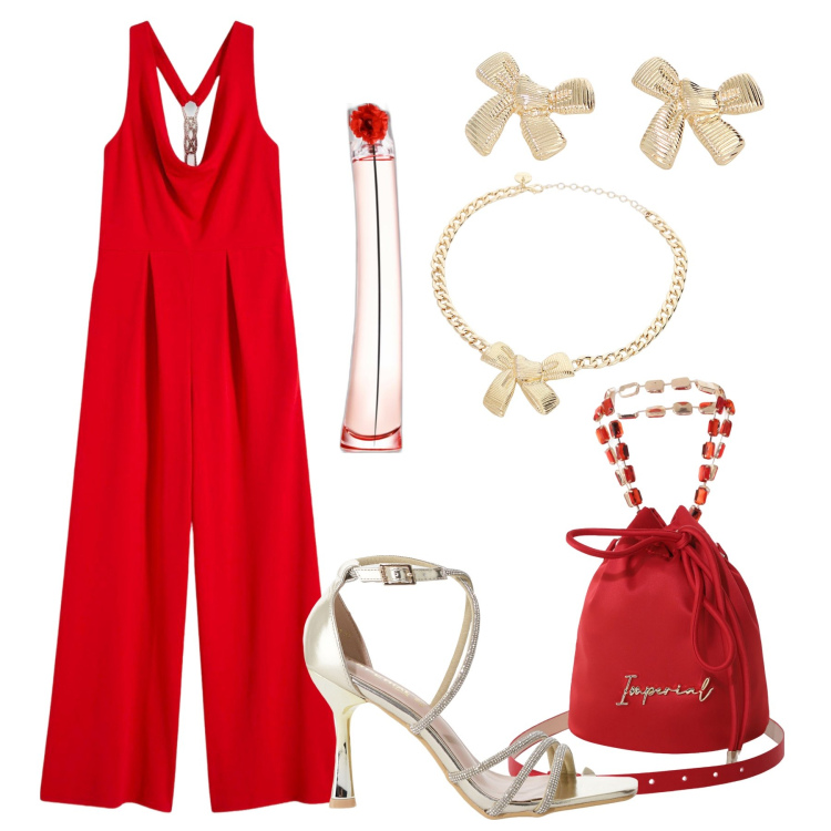 Outfit donna - Elegante in rosso con la jumpsuit. Stile Chic per Serata fuori. Abbinamento con tute, profumi, borse a secchiello, sandali col tacco, collane, orecchini.