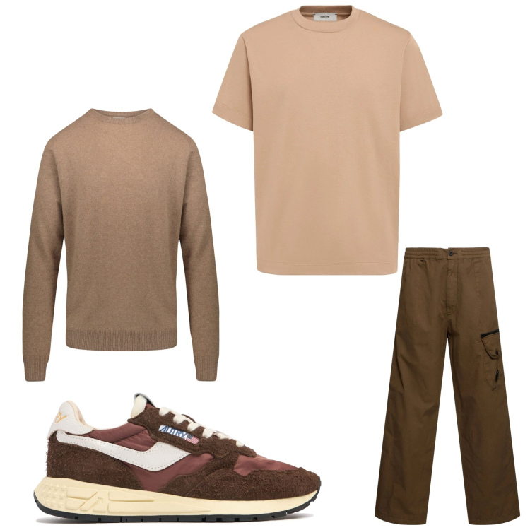Outfit uomo - Sere fresche. Stile Casual per Tutti i giorni. Abbinamento con maglieria, sneakers, t-shirt, pantaloni cargo.