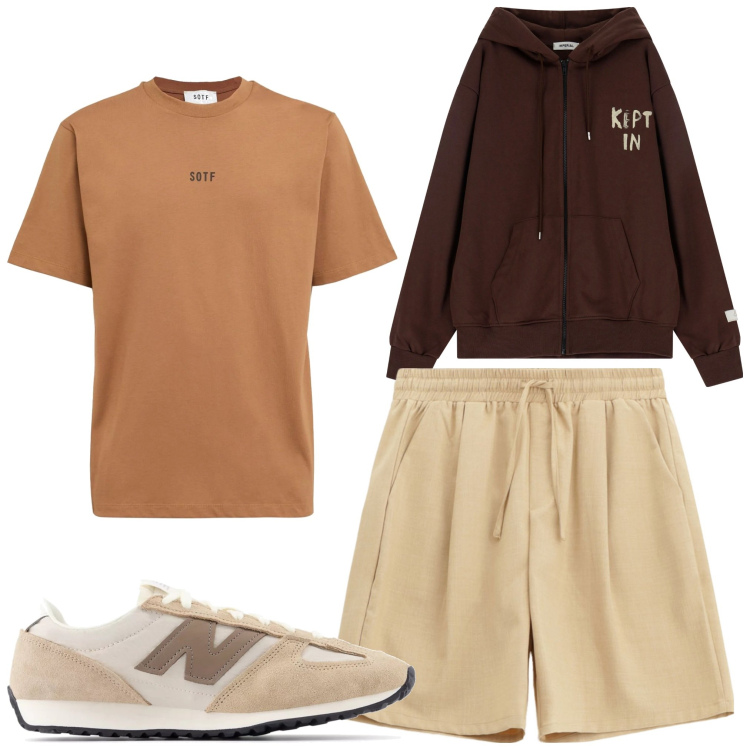 Outfit uomo - Marrone. Stile Casual per Tutti i giorni. Abbinamento con sneakers, bermuda, felpe con cappuccio, t-shirt.