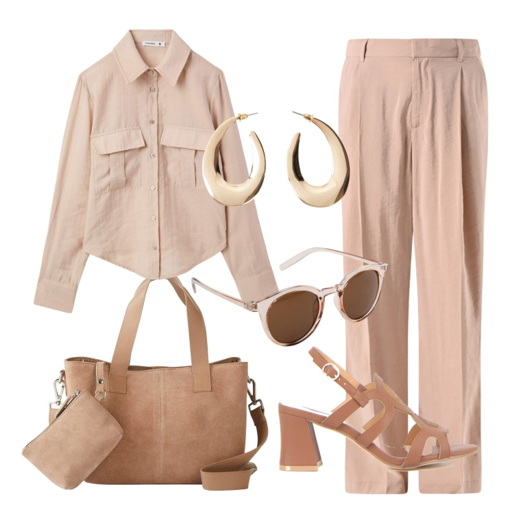 Outfit donna - Tonalità cipria!. Stile Casual chic per Ufficio. Abbinamento con occhiali da sole, orecchini, borse a mano, camicie, pantaloni a palazzo, sandali col tacco.