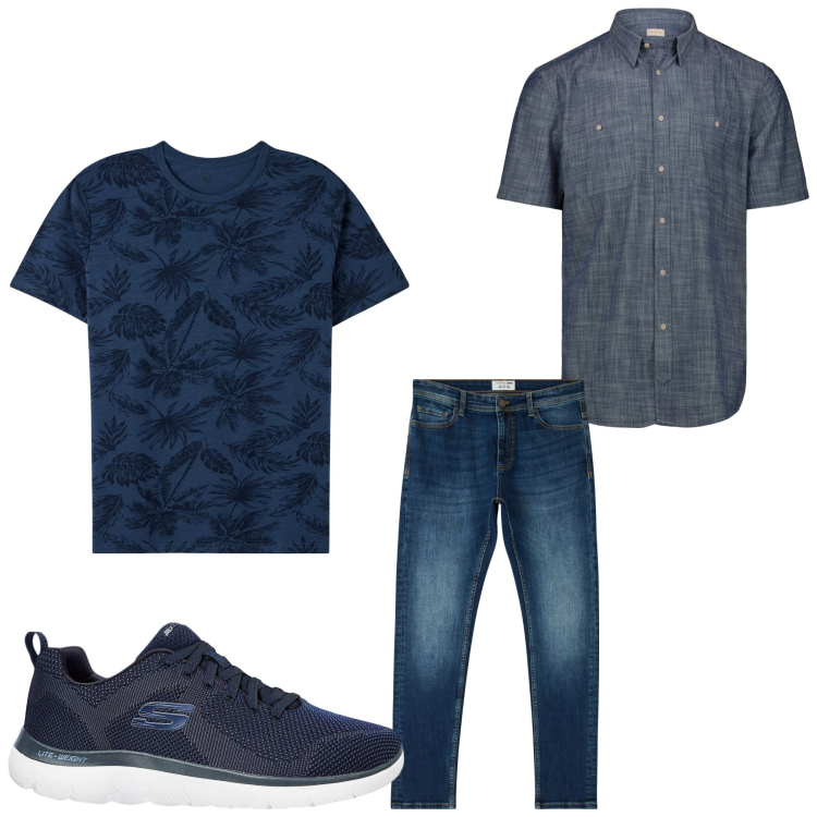 Outfit uomo - Tutto blu. Stile Casual per Tutti i giorni. Abbinamento con sneakers, t-shirt, jeans skinny, camicie a manica corta.