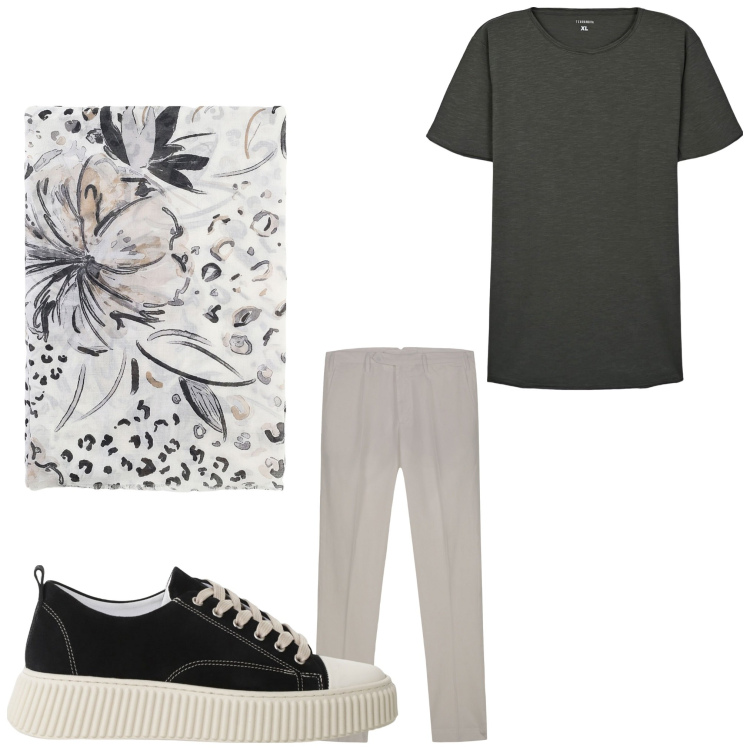 Outfit uomo - Fiori d\'estate. Stile Casual per Tutti i giorni. Abbinamento con t-shirt, sneakers, sciarpe e foulard, pantaloni.
