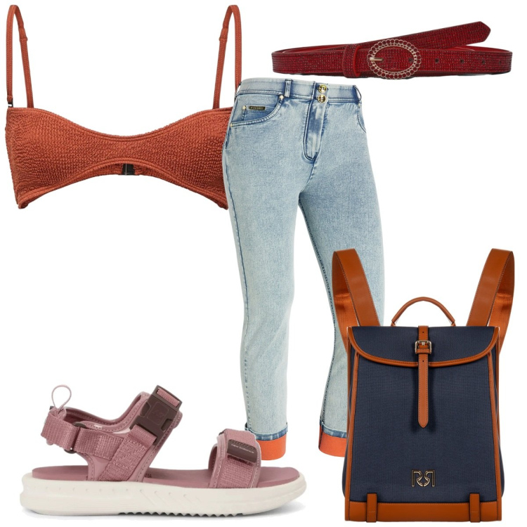 Outfit donna - Total look #2211549. Stile Trendy per Mare. Abbinamento con cinture, sandali, zaini, jeans dritti, bikini.