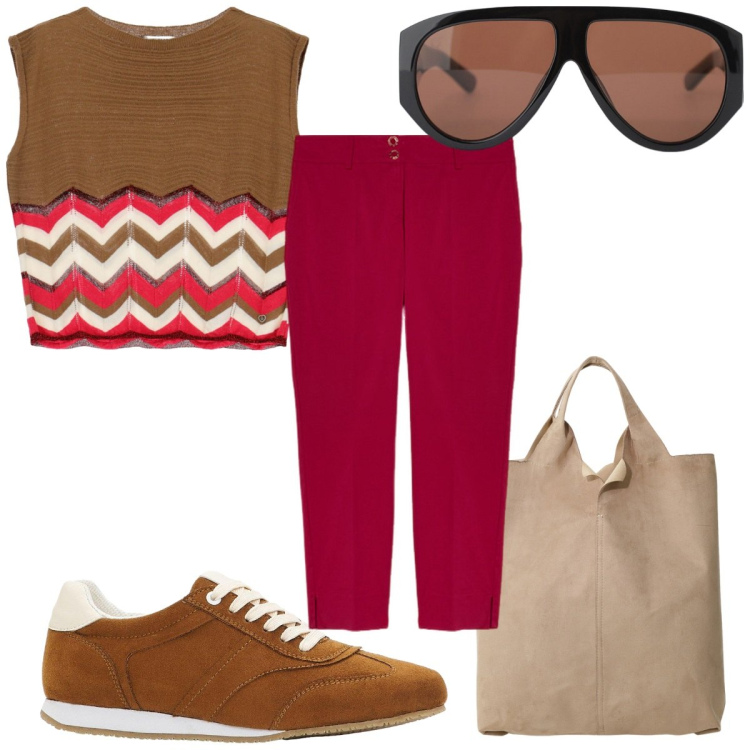 Outfit donna - Total look #2211550. Stile Trendy per Tutti i giorni. Abbinamento con sneakers, maglieria, occhiali da sole, shopping bag, pantaloni chino.