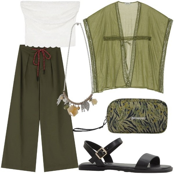 Outfit donna - Le serate di Luglio. Stile Casual chic per Serata fuori. Abbinamento con sandali, top, valigie, gilet, pantaloni, collane.