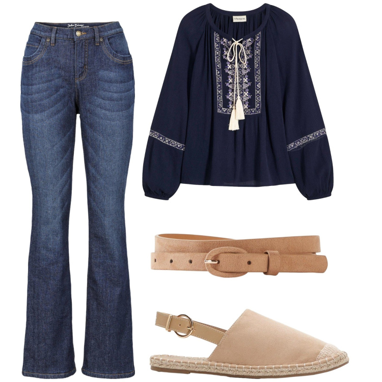 Outfit donna - Total look #2211552. Stile 70s per Tutti i giorni. Abbinamento con jeans bootcut, bluse, espadrillas, cinture.