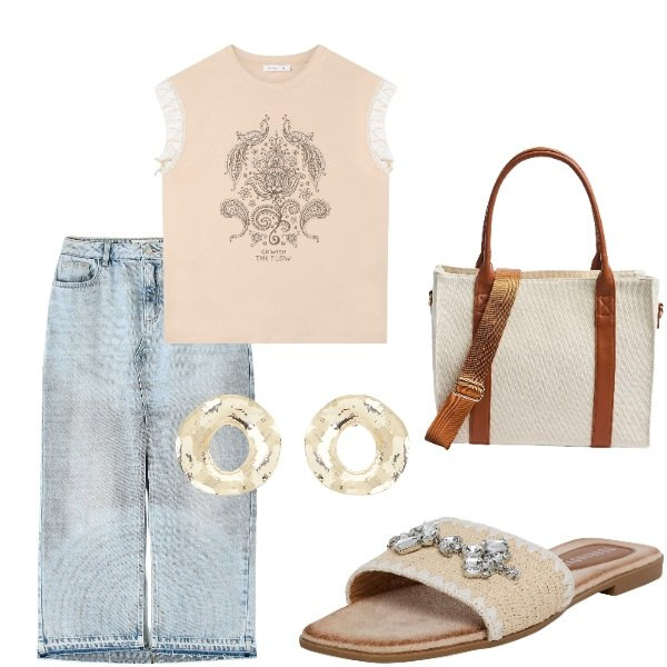 Outfit donna - Serata tra amici. Stile Casual per Tutti i giorni. Abbinamento con ciabatte, t-shirt, gonne lunghe, shopping bag, orecchini.