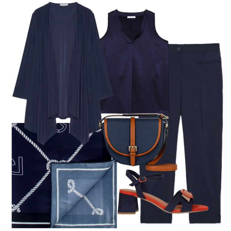 Outfit donna - Blu notte!. Stile Casual chic per Ufficio. Abbinamento con borse a tracolla, foulard, blazer, pantaloni, top, sandali col tacco.