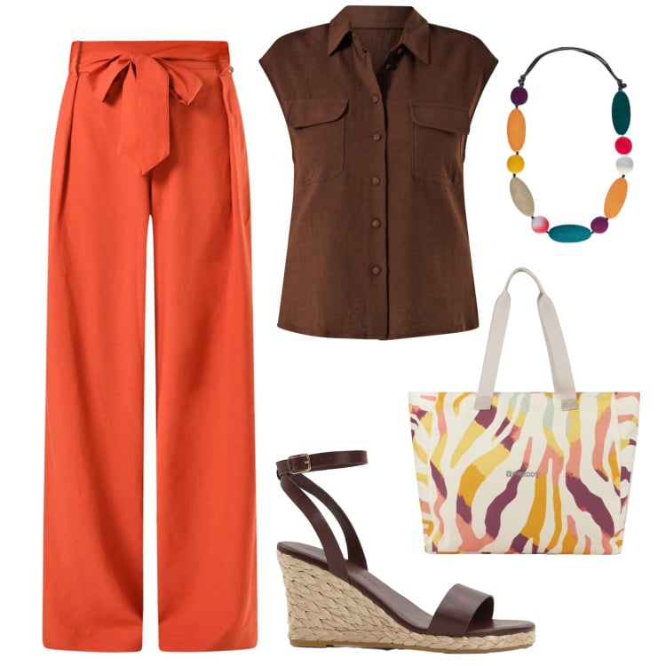 Outfit donna - In città d’estate. Stile Sporty chic per Tutti i giorni. Abbinamento con sandali, pantaloni, camicie, shopping bag, collane.