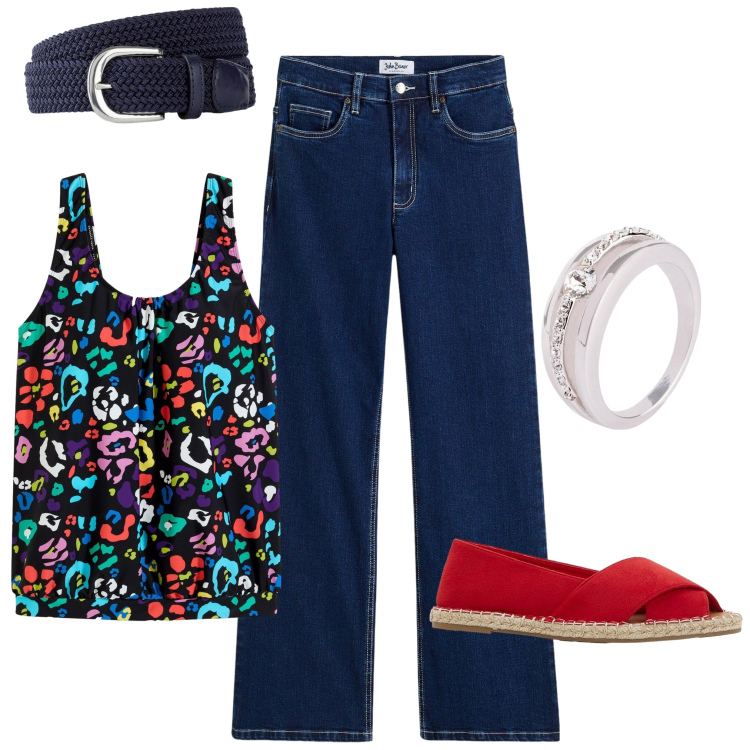 Outfit donna - Denim vintage 2. Stile 70s per Tutti i giorni. Abbinamento con espadrillas, top, anelli, cinture, jeans.