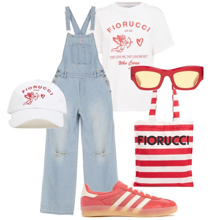 Outfit donna - In città stile anni ‘80 !. Stile Casual per Tutti i giorni. Abbinamento con salopette, occhiali da sole, cappelli con visiera, t-shirt, shopping bag, sneakers.