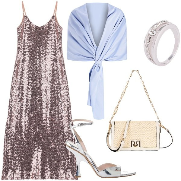 Outfit donna - Matrimonio di sera. Stile Glamour per Cerimonia. Abbinamento con anelli, stole, borse a tracolla, vestiti, décolleté.
