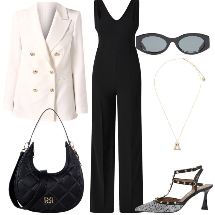 Outfit donna - Ufficio. Stile Chic per Ufficio. Abbinamento con borse a tracolla, tute, blazer, décolleté, ciondoli, occhiali da sole.