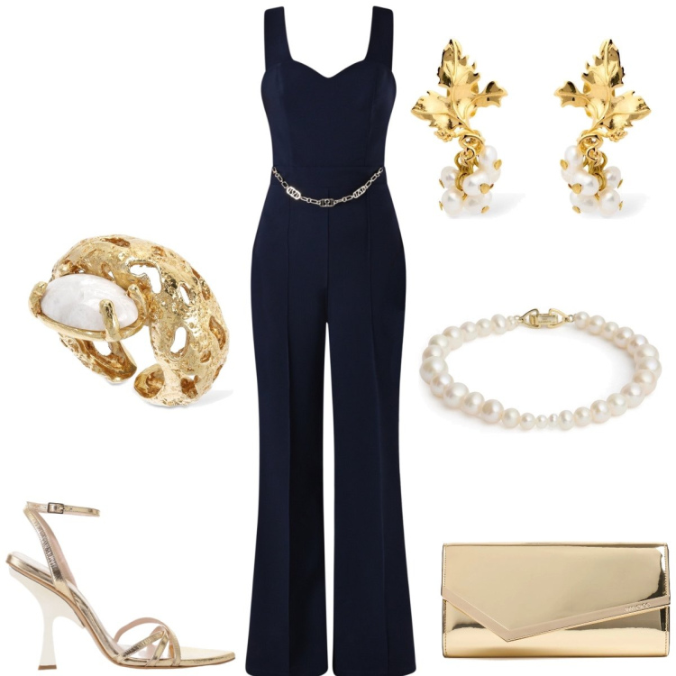 Outfit donna - Cerimonia. Stile Chic per Cerimonia. Abbinamento con tute, sandali col tacco, pochette, anelli, braccialetti, orecchini.