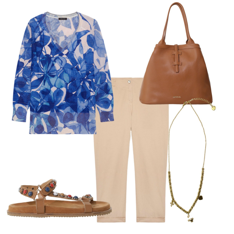 Outfit donna - Stile comodo. Stile Casual per Tutti i giorni. Abbinamento con borse tote, ciondoli, sandali, maglieria, pantaloni.