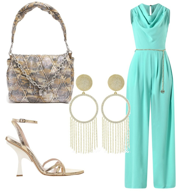 Outfit donna - Freschezza e colore. Stile Chic per Serata fuori. Abbinamento con tute, sandali col tacco, orecchini, borse a spalla.