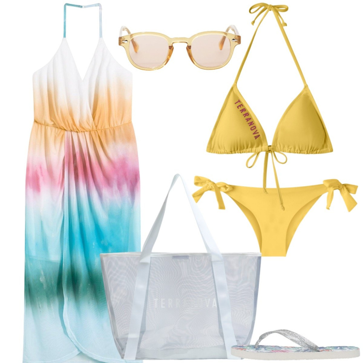 Outfit donna - In spiaggia. Stile Preppy per Mare. Abbinamento con vestiti lunghi, bikini, bikini, infradito, shopping bag, occhiali da sole.