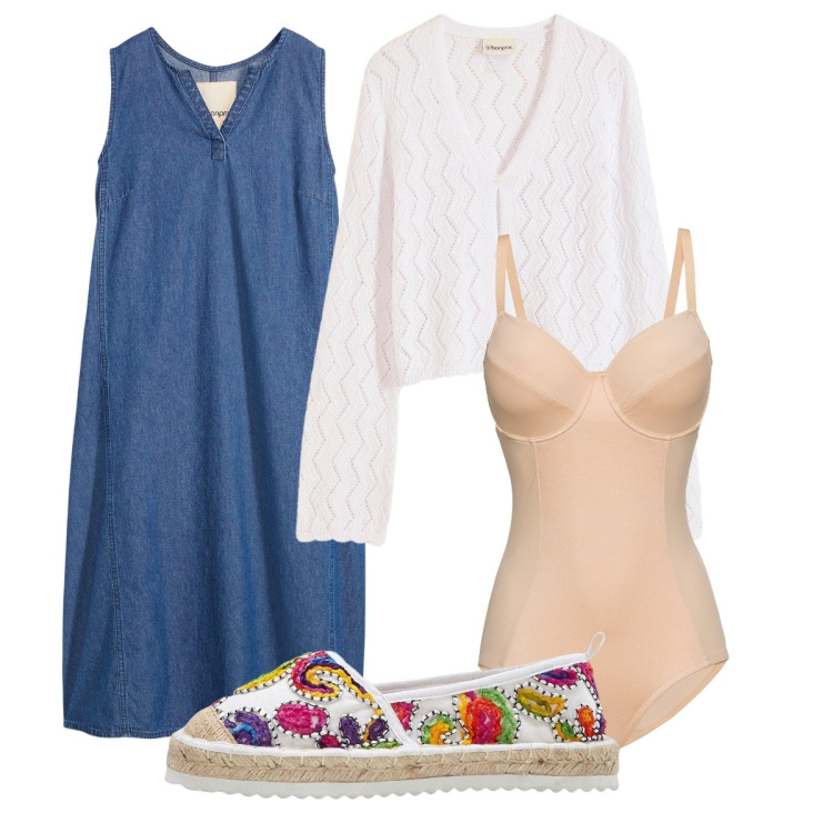 Outfit donna - L’abitino in denim. Stile 70s per Tutti i giorni. Abbinamento con vestiti, cardigans, body, espadrillas.