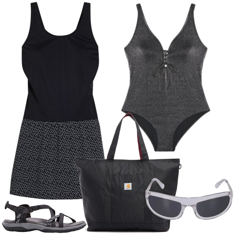 Outfit donna - Al mare. Stile Minimal per Mare. Abbinamento con vestiti da spiaggia, sandali, costumi interi, occhiali da sole, shopping bag.