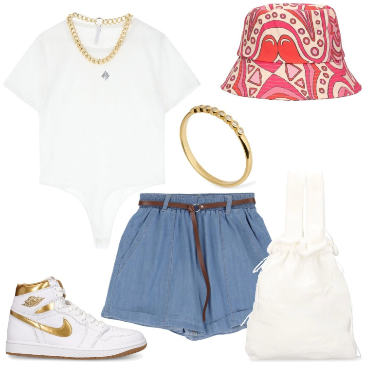 Outfit donna - Gold. Stile Sporty chic per Tutti i giorni. Abbinamento con shorts, body, sneakers, anelli, cappelli, borse a mano.