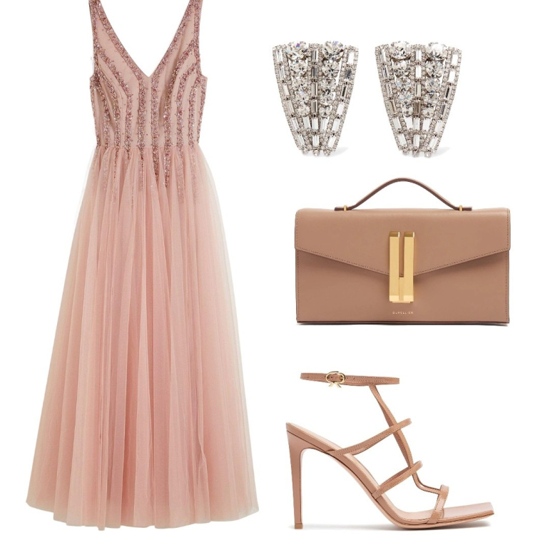 Outfit donna - Prima a teatro. Stile Glamour per Cerimonia. Abbinamento con vestiti lunghi, orecchini, sandali in pelle, pochette.