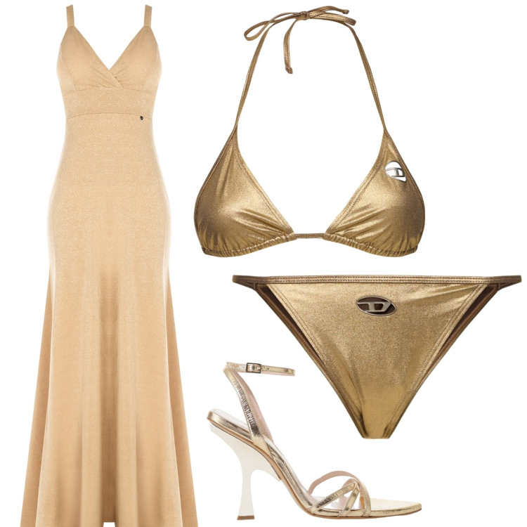 Outfit donna - Party in piscina. Stile Glamour per Serata fuori. Abbinamento con vestiti lunghi, sandali col tacco, bikini, bikini.