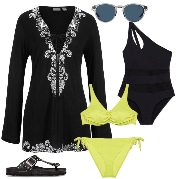 Outfit donna - O total Black o Black &lime. Stile Rock per Mare. Abbinamento con vestiti da spiaggia, occhiali da sole, bikini, costumi interi, infradito.