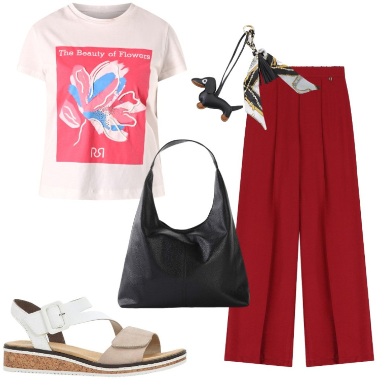 Outfit donna - Total look #2211617. Stile Casual per Tutti i giorni. Abbinamento con shopping bag, sandali, t-shirt, portachiavi, pantaloni.