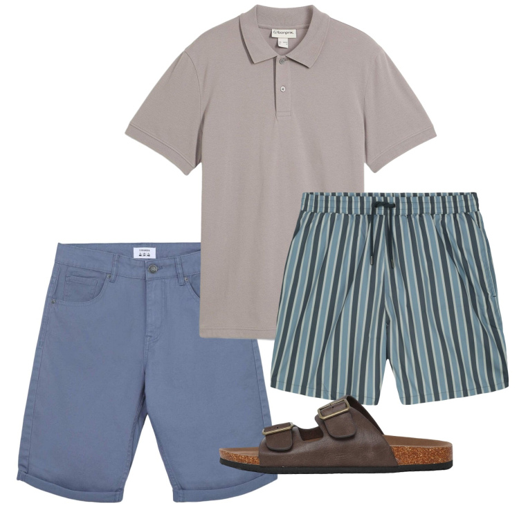 Outfit uomo - Vicino al mare. Stile Casual per Mare. Abbinamento con polo, bermuda, sandali, costumi.
