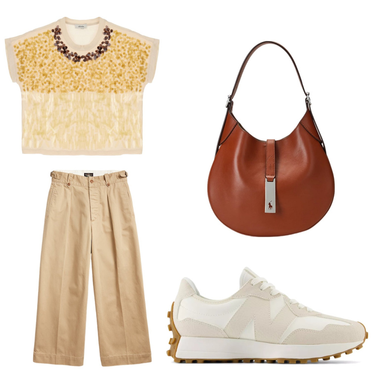 Outfit donna - Aperitivo. Stile Trendy per Tutti i giorni. Abbinamento con sneakers, pantaloni, borse a spalla, t-shirt.
