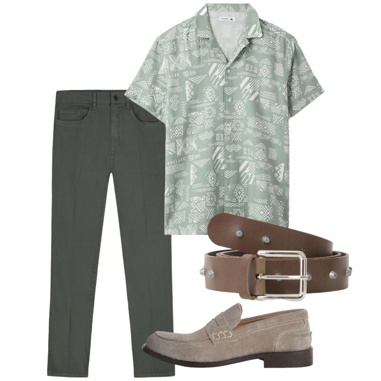 Outfit uomo - Salvia. Stile Casual per Tutti i giorni. Abbinamento con camicie a manica corta, cinture, scarpe stringate, pantaloni.
