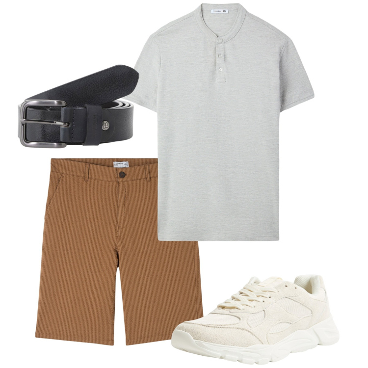 Outfit uomo - Aperitivo pomeridiano. Stile Casual per Tutti i giorni. Abbinamento con bermuda, t-shirt, sneakers, cinture.