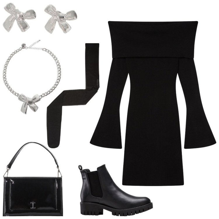 Outfit donna - Chill elegant. Stile Casual chic per Serata fuori. Abbinamento con stivaletti chelsea, vestiti corti, collant, borse a tracolla, collane, orecchini.