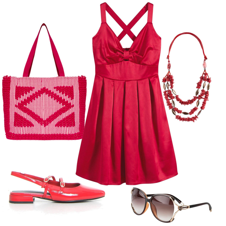 Outfit donna - Summer holiday 3. Stile Trendy per Tutti i giorni. Abbinamento con vestiti corti, occhiali da sole, borse a mano, collane, sandali in pelle.