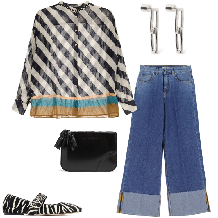 Outfit donna - In ufficio. Stile Casual chic per Ufficio. Abbinamento con jeans, camicie, portafogli, ballerine, orecchini.