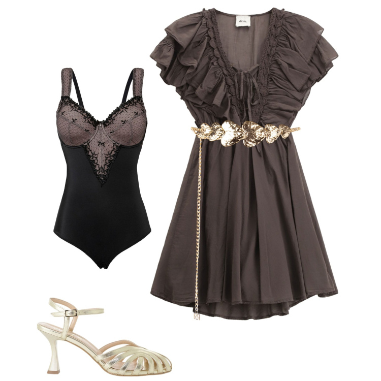 Outfit donna - Abito e volant. Stile Chic per Serata fuori. Abbinamento con body, cinture, vestiti corti, sandali col tacco.