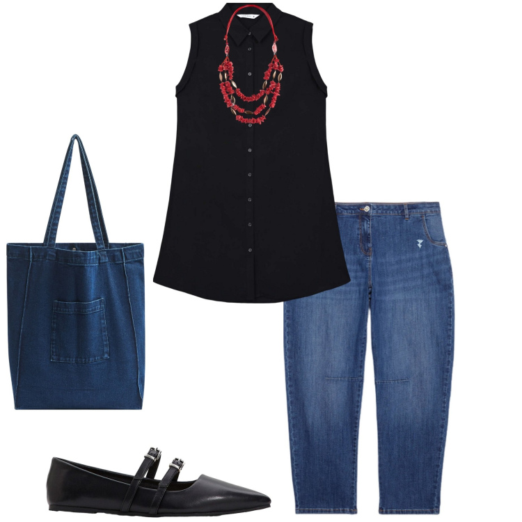Outfit donna - In città. Stile Casual per Tutti i giorni. Abbinamento con ballerine, camicie a manica corta, shopping bag, jeans strappati, collane.