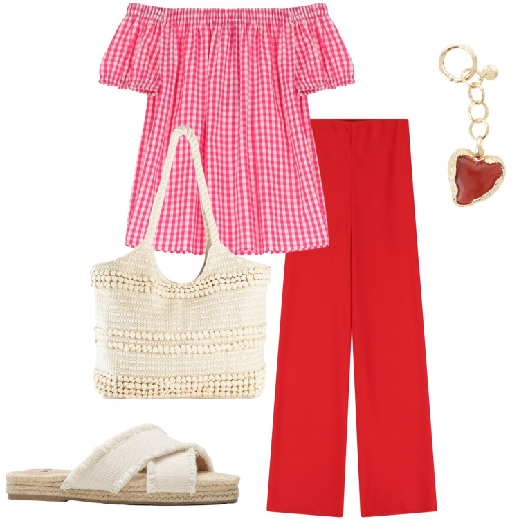 Outfit donna - Pomeriggio estivo. Stile Bon Ton per Tutti i giorni. Abbinamento con ciabatte, shopping bag, camicie a manica corta, pantaloni, ciondoli.